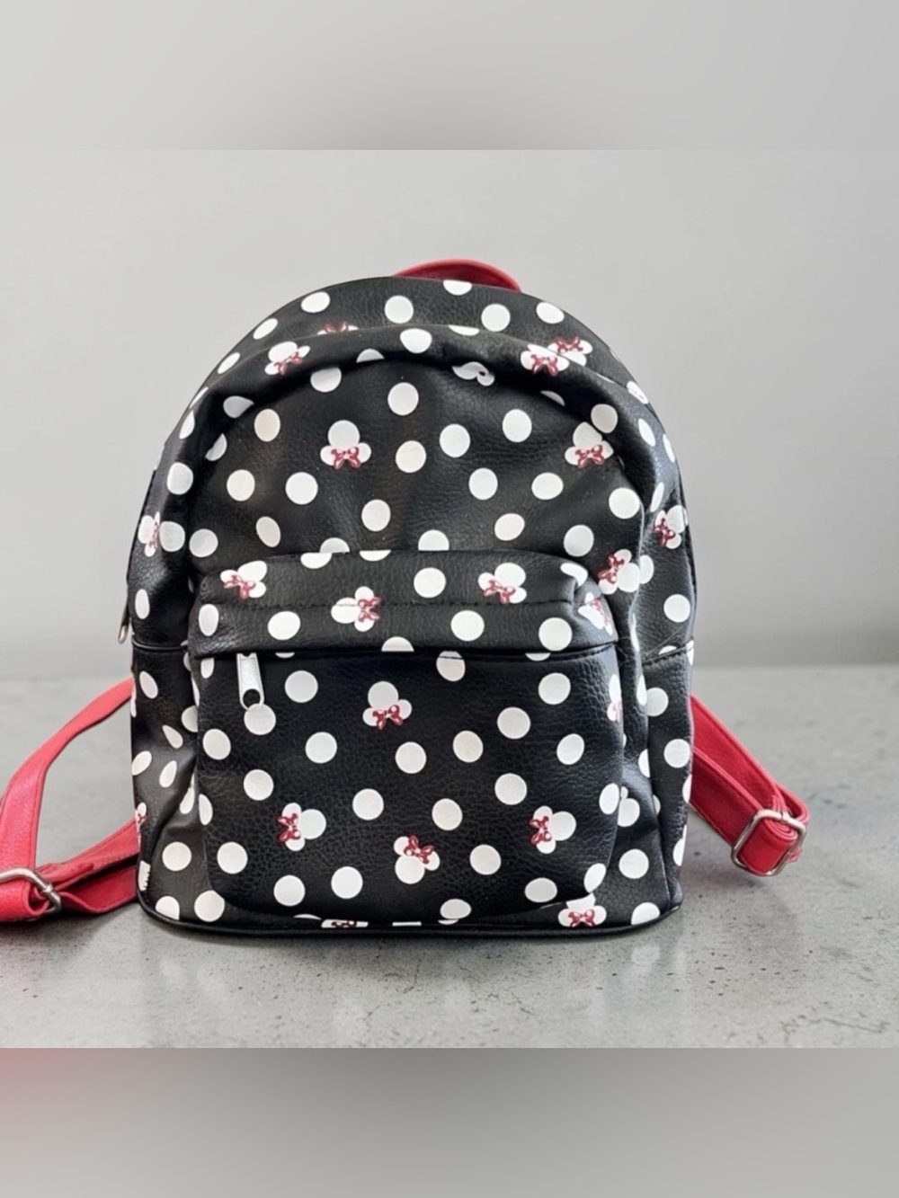 Disney Black White Polka Dot Minnie Mouse Mini Backpack with Red Accents